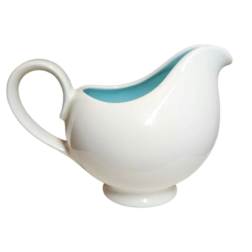 Vintage Gravy Boat Off White Pottery Aqua Inside 1960s Retro